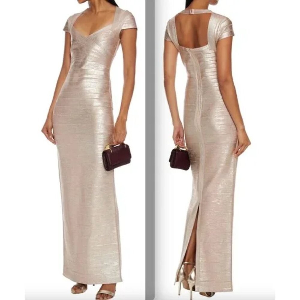 New Herve Leger XXS dress gown rose gold foil bandage $1600